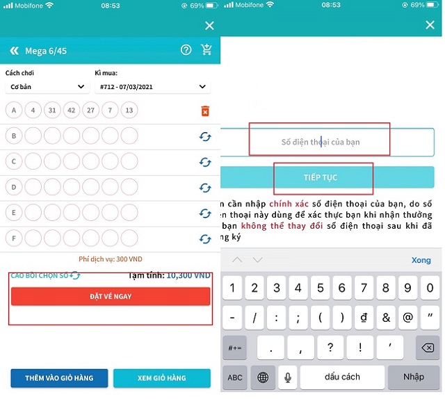 Đặt vé và điền số di động cá nhân để xác nhận mua vé số Đặt vé và điền số di động cá nhân để xác nhận mua vé số